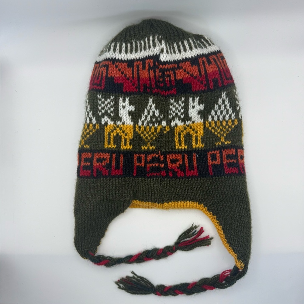 Reversible Peru Knit Chullo Hat Handmade Wool Blend Earflap Beanie Llama Pattern